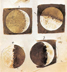 Galileo Galilei's drawings of the phases of the moon, as observed through one of his telescopes, 1610.